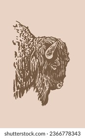 Vector hand-drawn bison  on sepia background, graphical  vintage illustration