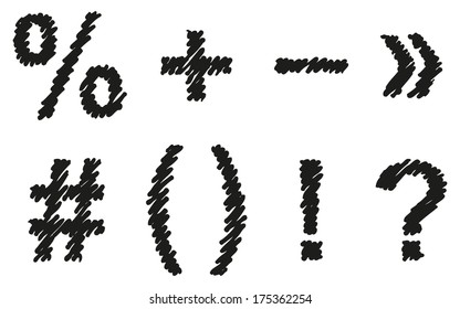 Vector hand-drawn black font isolated on white background. Spelling signs and symbols hatched marker