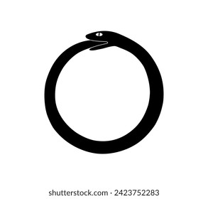 Vector hand-drawn black illustration of round Ouroboros esoteric symbol. Hand-drawn snake-eating tail isolated on a white background