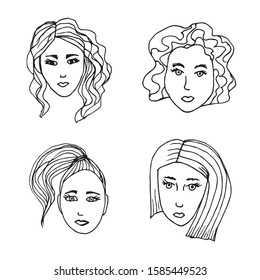 Vector hand-drawn black line doodle set, different female faces and hairstyles. For the decor of postcards, stickers, posters of International Women's Day, feminism.