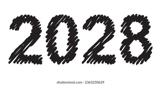 Vector hand-drawn black new year font isolated on white background. Figures hatched marker