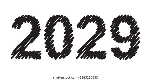 Vector hand-drawn black new year font isolated on white background. Figures hatched marker
