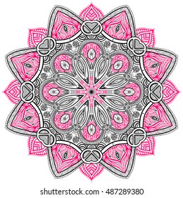 Vector hand-drawn black and pink oriental mandala, ethnic doodle mandala with lacy ornament, isolated decorative template, Islam, Arabic, Indian, ottoman motifs, EPS 8