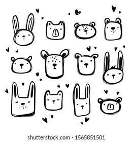 Vector hand-drawn black and white children`s cute set with bears and bunnies in the Scandinavian style on a white background. Cute hand-drawn baby animals.