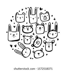 Vector hand-drawn black and white children`s cute set with bears and bunnies in the Scandinavian style on a white background. Cute hand-drawn baby animals. Isolated objects on a white background.