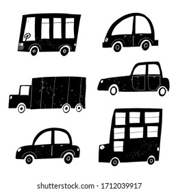 Vector hand-drawn black and white children`s set with different cars in Scandinavian style on a white background. Children's set with cars, transport. Road.