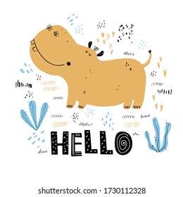 Vector hand-drawn black and white children's illustration, poster, print with a cute hippo, doodles and lettering Hello in Scandinavian style on a white background. Cute baby animals. For kids.
