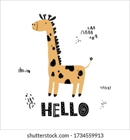 Vector hand-drawn black and white children's illustration, poster, print with a cute giraffe, doodles and lettering Hello in Scandinavian style on a white background. Cute baby animals. For kids.
