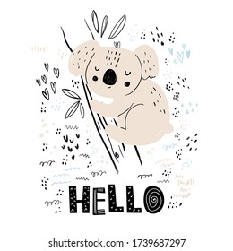 Vector hand-drawn black and white children's illustration, poster, print with a cute koala on a branch and lettering Hello in Scandinavian style on a white background. Cute baby animals. For kids.
