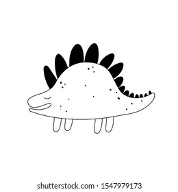 Vector hand-drawn black and white contour doodle illustration of a dinosaur on a white background. Baby coloring book with a cute dinosaur. Simple childish dinosaur illustration in scandinavian style.