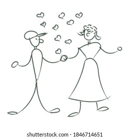 Vector hand-drawn black and white illustration. Hearts, love, humor. Man and woman, people.
