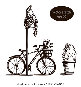 Dibujo vectorial a mano en blanco y negro de una bicicleta con una canasta por un poste con flores en una olla y una olla.