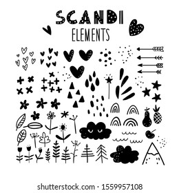 Vector hand-drawn black and white set with elements in Scandinavian style on a white background. Cute baby scandy set. Leaves, arrows, hearts, clouds, flowers, rainbow, stars, dots, drops.