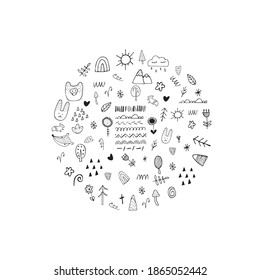 Conjunto vectorial de color blanco y negro dibujado a mano con elementos de estilo escandinavo sobre un fondo blanco. Escándalo de bebé lindo. 
hojas, flores, nubes, estrellas, montañas, animales, árboles, naturaleza