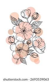 Vector hand-drawn blooming sakura flowers line art. Design for wall art, greeting cards, posters, stickers, logo and textile.