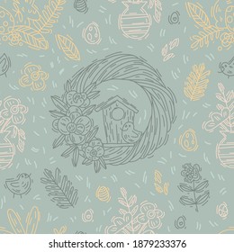 Vector hand-drawn blue outline illustration. Seamless doodle pattern with wreath, house, birds, Easter eggs, plants