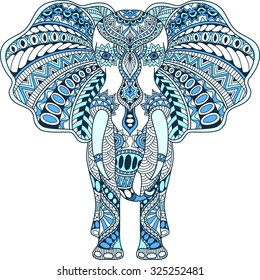 vector hand-drawn blue tattoo doodle with decorated Indian Elephant
