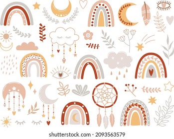 Vector hand-drawn boho clipart for nursery decoration with cute rainbows, branches,  moon, sun, cloud, dream catcher. 