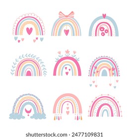 Vector hand-drawn boho rainbows collection in pink colors isolated on white background.	