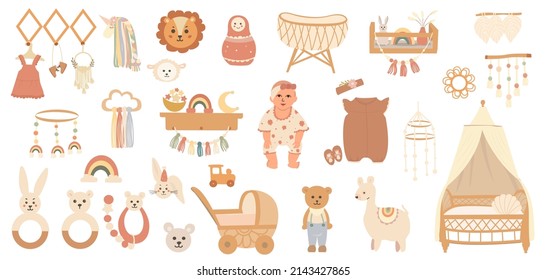 Vector hand-drawn boho-style clipart for decorating a children's room with a baby, a crib and a stroller, toys. Perfect for children's room, birthday party, children's party