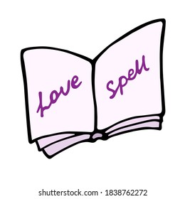 vector hand-drawn book with love spells. Doodle icon, sticker, print, sketch. magic attribute of a witch