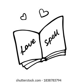 vector hand-drawn book with love spells. Doodle icon, sticker, print, sketch. magic attribute of a witch