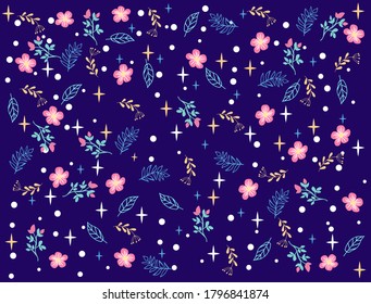 Fondo botánico dibujado a mano por vectores con estrellas y puntos. Ilustración de estilo de doodle lindo en fondo azul. Ideal para envolver papel, textil, papel de tela y papel pintado. 