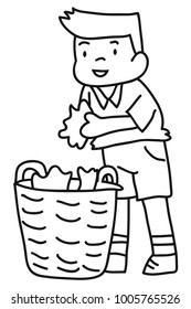 Vector hand-drawn Boy cleaning leaves