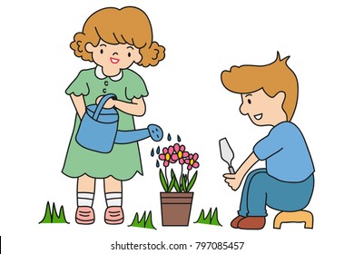 Similar Images, Stock Photos & Vectors of Cheerful boy watering tulips ...