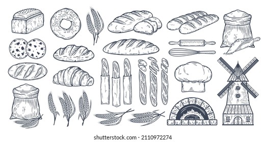 Vector hand-drawn bread and bakery design illustrations, food sketches, vector icons