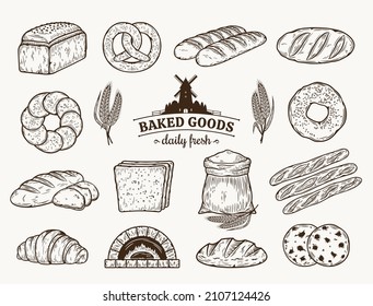 Kollektion von handgezeichneten Brot- und Bäckereisymbolen