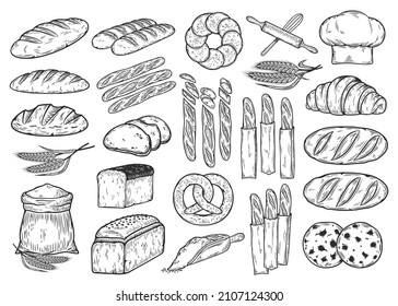 Vector hand-drawn bread illustrations and bakery design elements, food sketches, vector icons