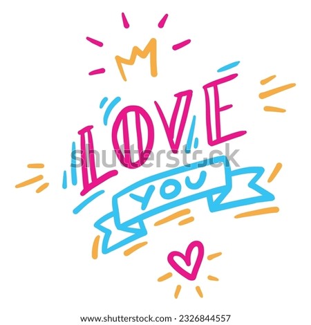 Vector handdrawn bright illustration Gift card for lover. The 14th of February. Valentine's Day. I love you. Doodle yellow crown, line art crimson pink heart, blue ribbon. Poster. Web pattern. Print