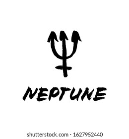 Vector handdrawn brush ink illustation of Neptune sign with lettering "Neptune". Horoscope signs, magic symbols, icons.  Astrology concept for occult design.