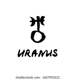 Vector handdrawn brush ink illustation of Uranus sign with lettering "Uranus". Horoscope signs, magic symbols, icons.  Astrology concept for occult design.