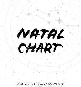 Vector handdrawn brush ink illustation of astrological constellations with lettering "Natal chart" on starry sky. Astrology concept for occult design. Print, poster template