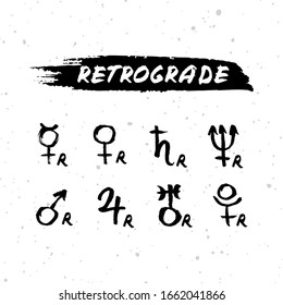 Vector handdrawn brush ink illustration set of retrograde planets signs. Collection of horoscope, magic symbols, icons. Astrology concept for occult design.