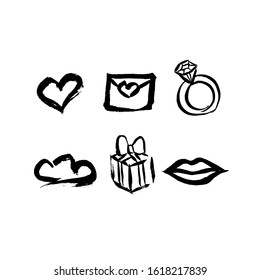 Vector handdrawn brush set of  valentine's day icons. Heart, love letter, ring, cloud, gift and lips on white background. 