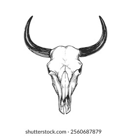 Vector hand-drawn bull skull in engraving style. Black and white sketch of animal bone. Wild west symbol.