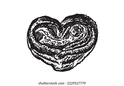 Vector hand-drawn bun in shape of heart on white isolated, bakery and gastronomy element of design