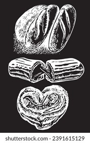 Vector hand-drawn buns on black background, bakery and gastronomy elements of design