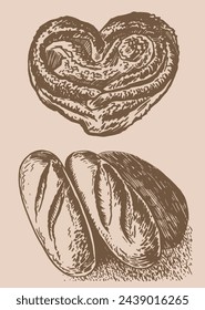 Bollos dibujados a mano vectoriales sobre fondo sepia, panadería y elementos gastronómicos de diseño	