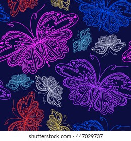 Vector hand-drawn butterflies. Seamless patterns with colorful doodles and sketches of fly insects.