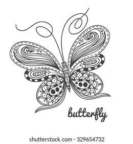 Vector hand-drawn butterfly. Zentangle sketch of flying insect.