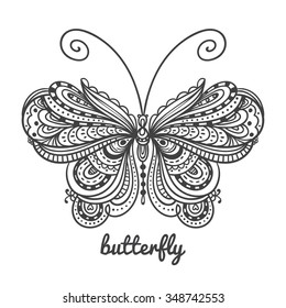 Vector hand-drawn butterfly. Zentangle sketch of flying insect.