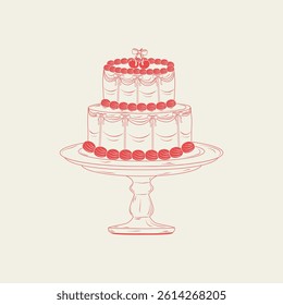 Vector hand-drawn cake with coquette bows and cherry on a stand. Monochrome ink.
