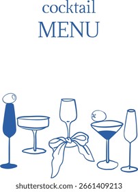 Handgezeichnete Vektorkarte mit Cocktailmenüvorlage: Gläser, Oliven, Bogenzeichnungen. Grußkarte, Einladung, Menü, Poster