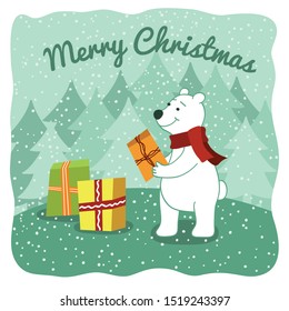 Vector hand-drawn card with polar bear in the winter forest. Polar bear awaiting Christmas and new year.