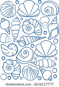 Vector hand-drawn card template with seashells in line art style, perfect for greeting cards, seaside wedding or party invitations, dinner or restaurant menu