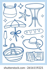 Vector hand-drawn card template with seaside holidays motifs in line art style, perfect for greeting cards, seaside wedding or party invitations, dinner or restaurant menu